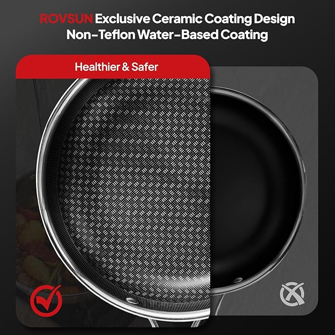 ROVSUN 10 Pcs Non-Stick Cookware Set, Stainless Steel Pots and Pans Set with Lids, Non-Toxic Kitchen Set Chef's Pan, PFOA & PTFE Free, Compatible for All Cooktops