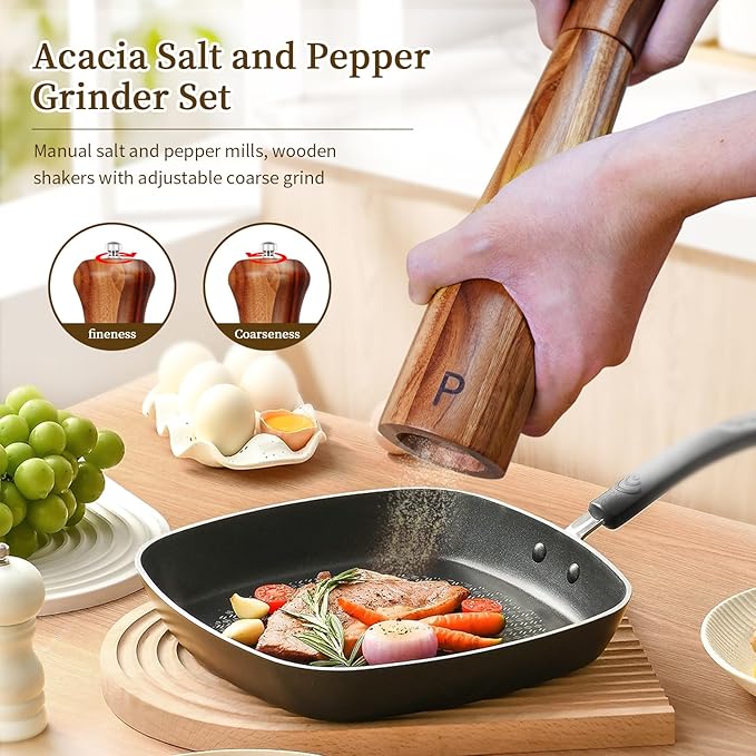 2 Pack 10 Inch Acacia Wooden Salt and Pepper Grinder Set, Manual Salt and Pepper Mills, Salt Grinder Refillable with Adjustable Coarseness, Ceramic/Stainless Steel Core Tableware Gifts