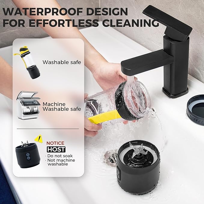 Portable Blender, Anti-Jamming 300 Watt for Shakes and Smoothies, 24oz Travel Blender USB Rechargeable, BPA Free Sporty bottle with a Travel Lid. (Black Base Grey Lid) (Black Base Yellow Lid)