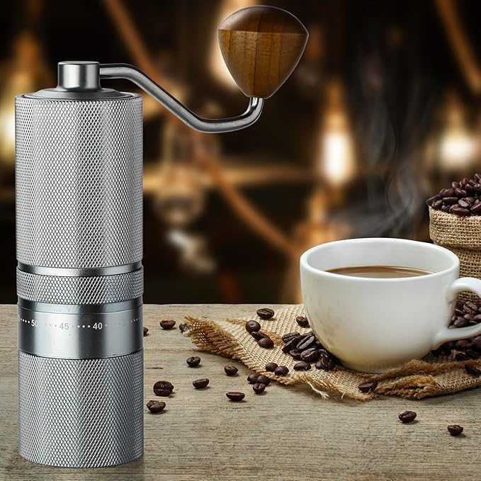 Manual Coffee Grinder with Stainless Steel Burr, Hand Coffee Grinder External Adjustable Grind Setting for Espresso, French Press (Silver)