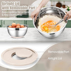 E-far Stainless Steel Mixing Bowls with Lids Set, 5-Piece Nesting Salad Bowls with 3 Grater Attachments and Non-Slip Bottoms, Size 4.6, 2.6, 2, 1.5, 1QT for Kitchen (Khaki)