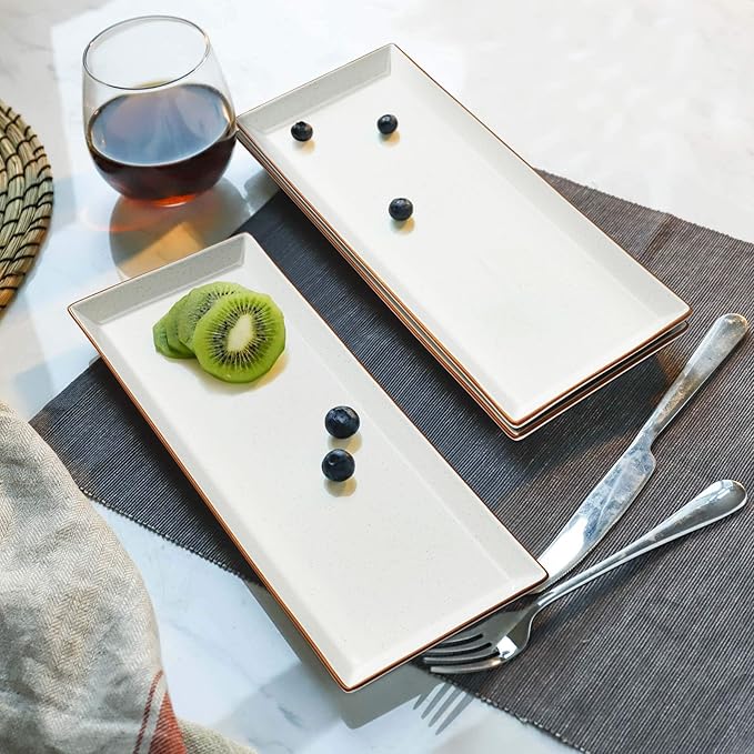 Sweese Rectangular Porcelain Platters, Vanilla White with Brown Trim, Serving Trays for Parties, 13.8 Inch Large Serving Dishes for Steak, Taco, Sushi, Appetizer - Dishwasher & Oven Safe - Set of 4