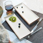 Sweese Rectangular Porcelain Platters, Vanilla White with Brown Trim, Serving Trays for Parties, 13.8 Inch Large Serving Dishes for Steak, Taco, Sushi, Appetizer - Dishwasher & Oven Safe - Set of 4