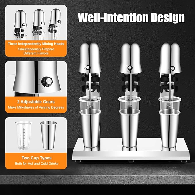 Milkshake Maker Three Head Electric Drink Mixer Commercial Milkshake Blender, 180W Stainless Steel Smoothie Mixer For Making Yogurt, Milk, Cocktails, Smoothies(Three Head,180W)