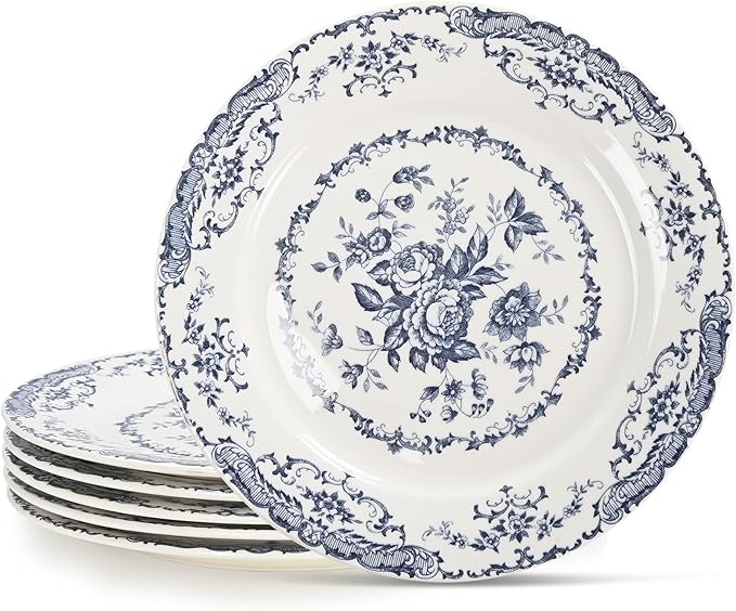 Salad Plates, Ceramic Plates Set of 6, Kitchen Plates Microwave Safe, 8.5 Inch White Plate Dessert Blue Floral