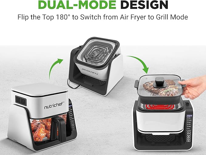 NutriChef 4 QT Air Fryer & Grill | 8-1 Preset Cook Modes | Transparent Fry Bowl for Best Cooking Results | Cook Shrimp, Steak, Fries, Wings & More | 4 QT Glass Air Fryer & 1.2 QT Grill | White