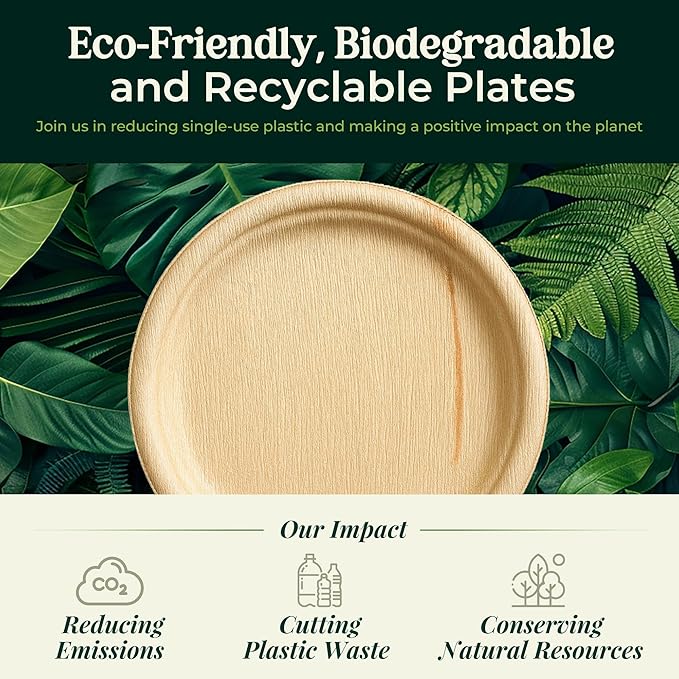 Palm Leaf Plates 10 Inch Bamboo Paper Disposable 50 Bulk Dinner Round Party Plates Event Tableware Eco Biodegradable Compostable Wooden Plate Best Alternative to Plastic Plate