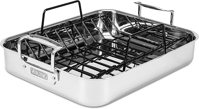 Viking 3-Ply Stainless Steel Roasting Pan with Non Stick Rack, 16 x 13 Inch Kitchen Cookware, Great for Turkey, Dishwasher and Oven Safe, Induction Ready, Silver
