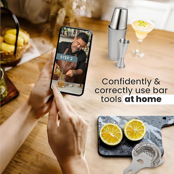 A Bar Above 4-Piece Cocktail Shaker Set, for Professional and Home Bar, Premium Bar Kit Gifts, Includes Strainer, Jigger, Shaker Set, and 4-Hour Cocktail Course