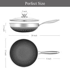 Vinchef Stainless Steel Wok Pan with Glass Lid 12 Inch, Honeycomb Nonstick Stir Frying Pan Induction Compatible and Dish Washer Safe