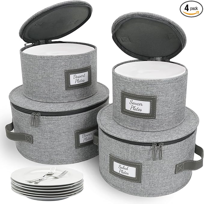 HOMELUX THEORY Plate Storage Box, 4pc Light Gray Hard Shell China Storage Containers with 48 Felt Pads, Kitchen Storage Bins With Lids, Moving Box with Handles for Dishes, Dinner Plate & Platter