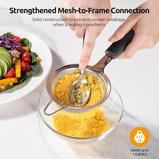 U-Taste Small Fine Mesh Strainer: 18/8 Stainless Steel 3.35in 30 Mesh Kitchen Food Sieve with Sturdy Riveted Silicone Handle, Heavy Duty Deep Handheld Metal Colander for Tea, Juice (Black)