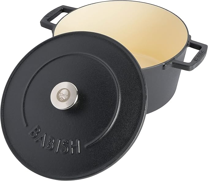 Babish 6-Quart Round Enamel Cast Iron Dutch Oven with Lid – Matte Black, Heavy-Duty Dutch Oven for Slow Cooking, Braising & Baking