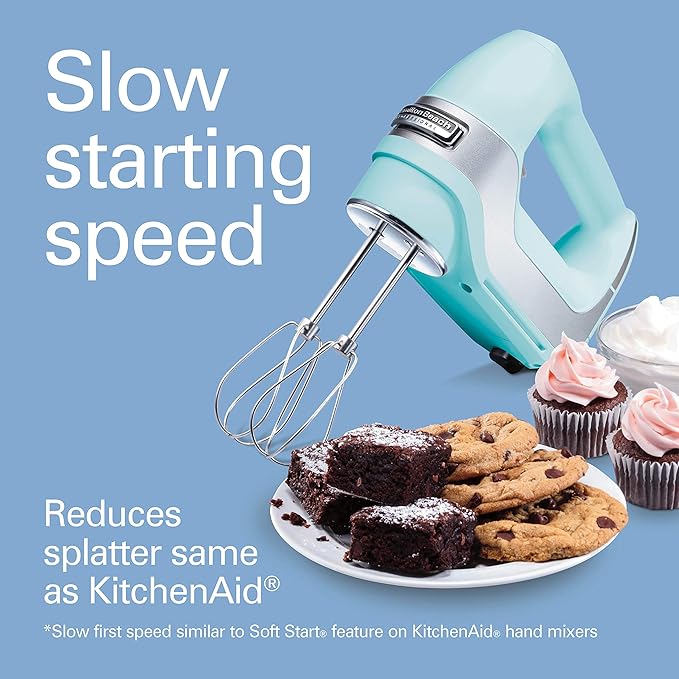 Hamilton Beach Professional 5-Speed Electric Hand Mixer with Snap-On Storage Case, QuickBurst, Stainless Steel Twisted Wire Beaters and Whisk, Mint (62658)