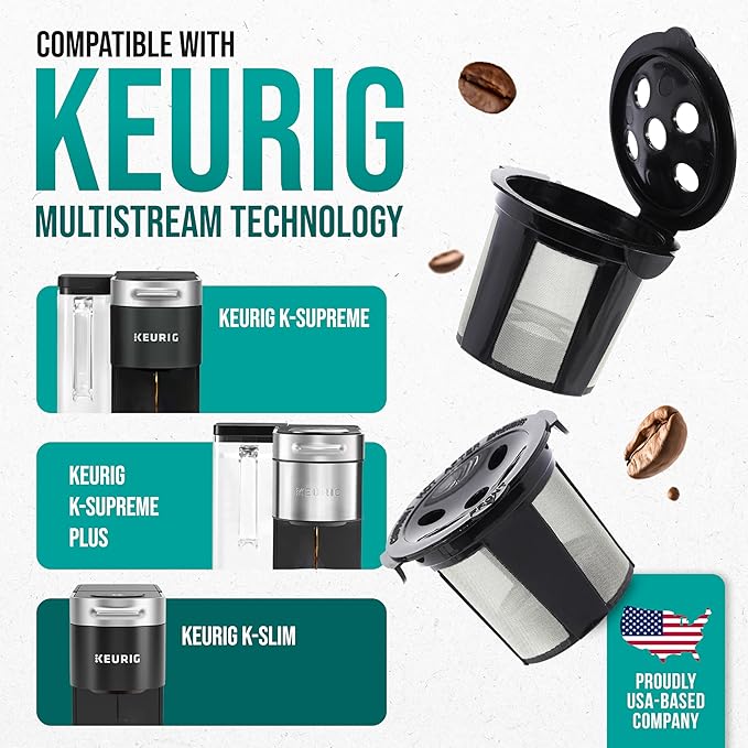 Reusable K Cups for Keurig Supreme, K Supreme Plus, K Slim, K-Brew Chill, K Duo Hot and Iced Gen 2 by PureHQ - Refillable Kcup for Keurig Coffee Maker - MultiStream Coffee Pods Filter - 4 Pack