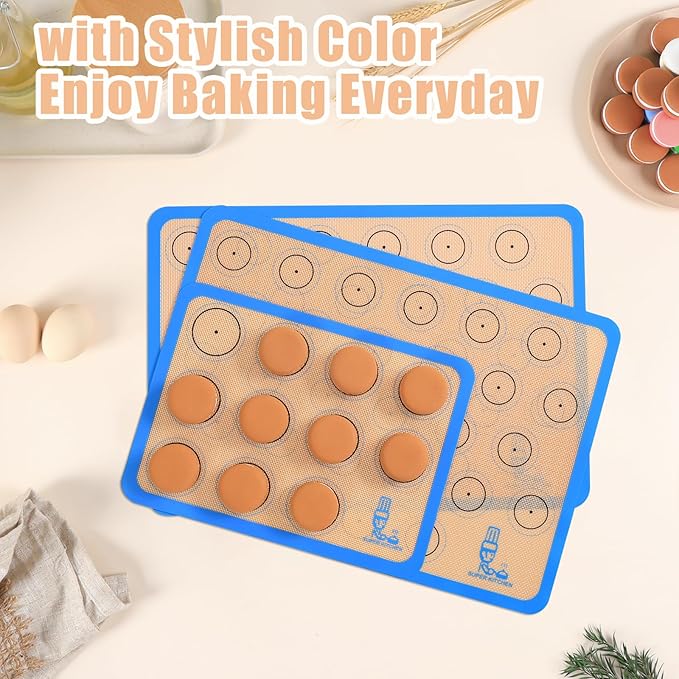 Silicone Macaron Baking Mat Half Sheet - Set of 3 (2 Half Sheet and 1 Quarter Sheet), Non Stick Silicon Oven Liner For Macaroons and Cookies, By Folksy Super Kitchen (16.5x11.6, Blue)