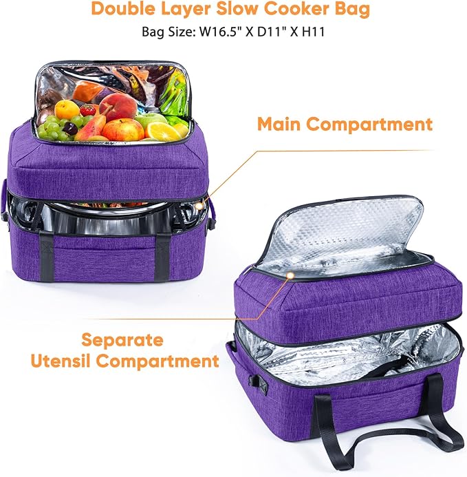 BAGSPRITE Double-Layer Slow Cooker Carrying Bag for 6-8 Quart CrockPot and Hamlton Beach Slow Cooker, Travel Bag with Lid Fastener for Crock-pot, Portable Carrier Case Slow Cooker Bag