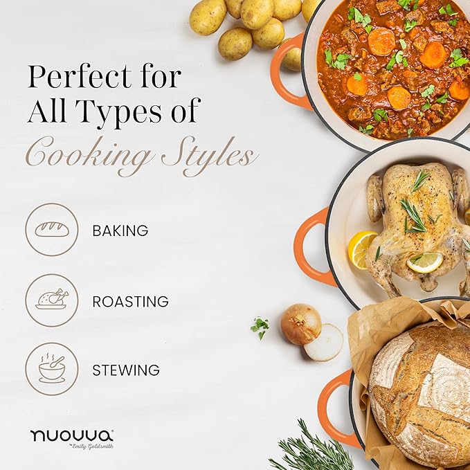 Nuovva Enamelled Cast Iron Dutch Oven Pot with Lid – 6.4 Quart Non Stick Casserole Pot – Heavy Duty & Oven Safe up to 500° F for Bread Baking, Braising, Stews, Roasting – 28cm Orange