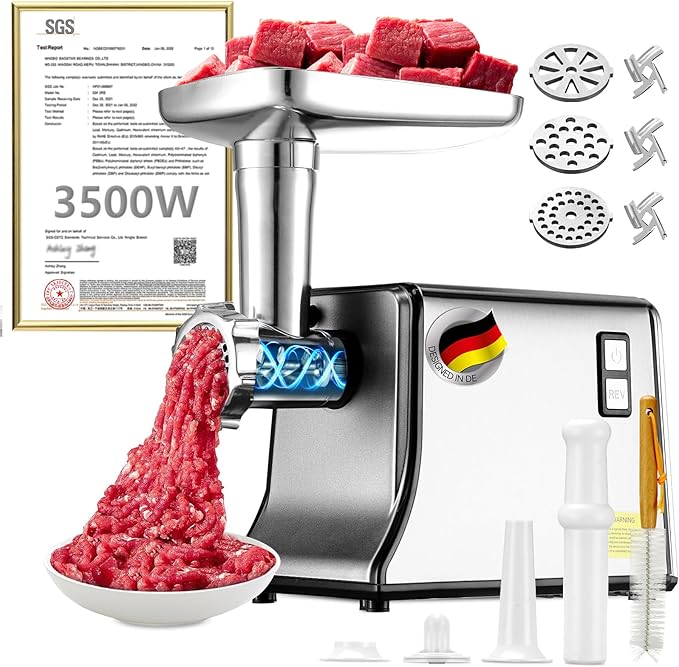 5.0 Upgrade Electric Meat Grinder【NO.1 Germany 3500W Super Motor】【SGS Certified SUS304 Blade & Plate】3-Second Fast Meat Grinding, Perfect For Meat Grinders For Home Use (GRAY)