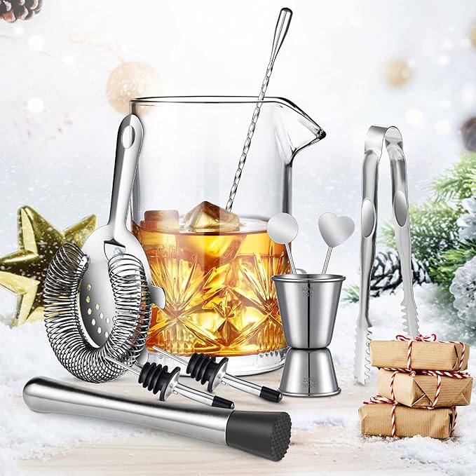Cocktail Mixing Glass, veecom 18oz Mixing Glass 10 Piece Old Fashioned Kit, Cocktail Mixing Glass Set Bartender Kit with Cocktail Strainer, Muddler, Spoon, Jigger, Ice Tongs, Picks, Pourers, Bar Set