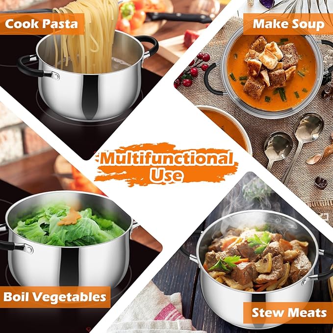 P&P CHEF Stainless Steel Stock Pot, 4 Qt Cooking Soup Pot with Visible Lid for Pasta, Tri-Ply Bottom & Dual Heatproof Handles, For Induction Gas All Stoves, Non-Toxic & Dishwasher Safe