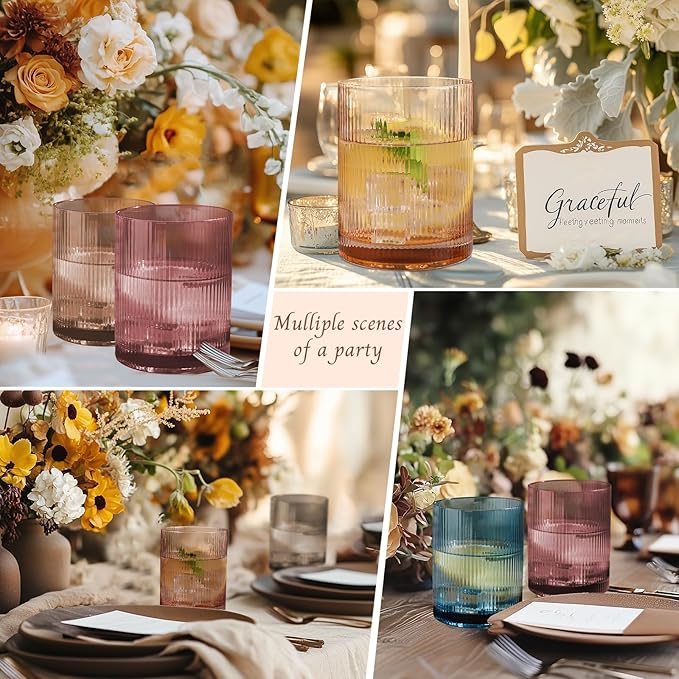 Physkoa Ribbed Drinking Glasses Set of 6 – 13 oz Vintage-Inspired Colorful Glassware – Heavyweight, Durable, Perfect for Water, Cocktails, Coffee, and Everyday Use