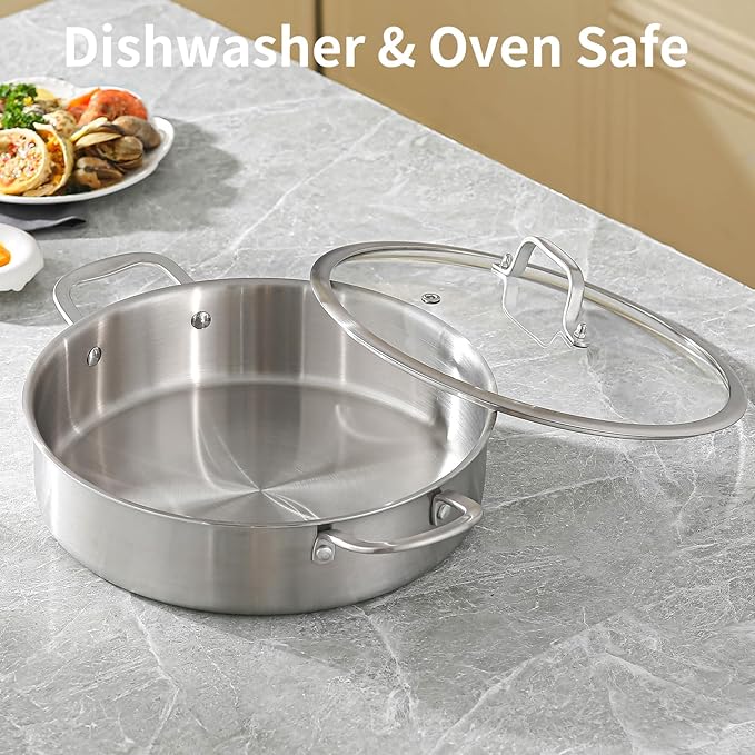 DELARLO 5.5QT Tri-Ply Stainless Steel Saute Pan With Lid, 12.3inch Braiser Pans, Large Frying pan,18/10 Induction Skillet with Glass Lids, Efficent Fast pan for Boiling, Braising, Stewing, Sautéing
