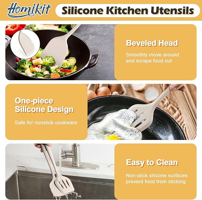 15-Piece Kitchen Cooking Utensils Set with Holder, Homikit Heat Resistant Food Grade Silicone Kitchen Utensils include Slotted Spatula Ladle Turner for Nonstick Cookware, Dishwasher Safe- Khaki