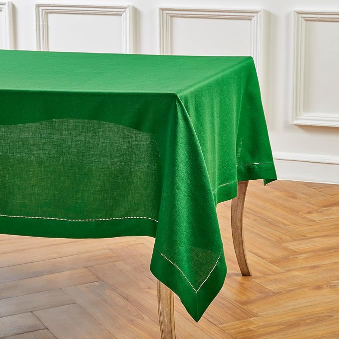 Solino Home Garden Green Linen Tablecloth 60 x 132 Inch - 100% Pure Linen Hemstitch Table Cloth for Rectangle Tables - Classic Hemstitch, Machine Washable Tablecloth