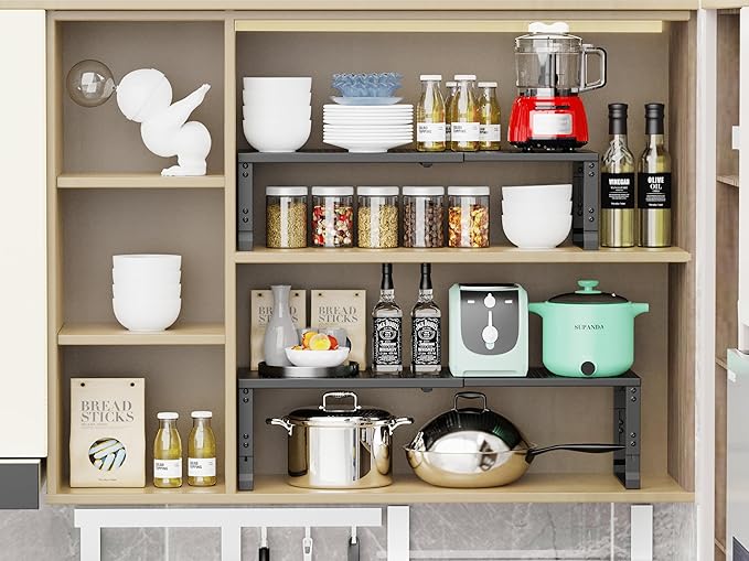 Adjustable Expanable Stackable Spice Rack Shelf Pantry Storage Organizer for Kitchen Cabinet,Countertop,Bathroom and More.Space is no Longer Limited(2Packs/Black/Medium)