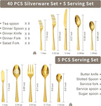 KINGSTONE Gold Hammered Silverware Set, Flatware Set with Serving Utensils, 18/10 Stainless Steel Premium Cutlery with Unique Ripple Handles Design Mirror Polished - Dishwasher Safe (45-Piece)