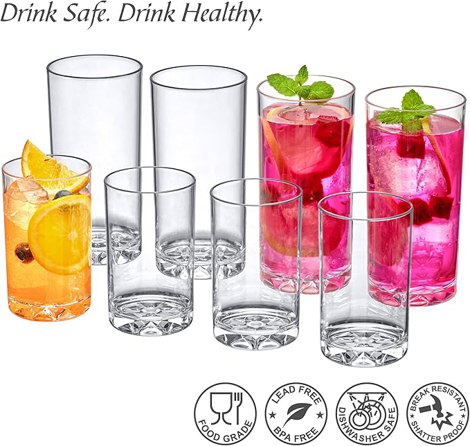 Amazing Abby Liberty 10-Ounce and 16-Ounce Tumblers (Set of 8), Drinking Glasses, Reusable Cups, BPA-Free, Shatter-Proof, Dishwasher-Safe (Made of Plastic, NOT Glass)
