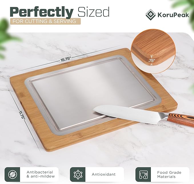 Double-Sided 100% Titanium Cutting Board with Bamboo Charcuterie Side – Pure Titanium Cutting Boards for Kitchen – Large(16"x12") Elegant Cutting Board w/Juice Groove & Wood Presentation Surface
