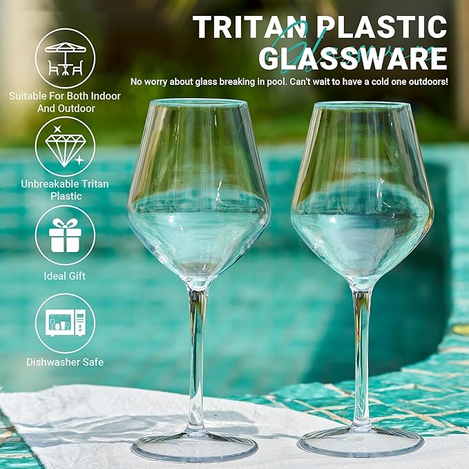 MICHLEY Unbreakable Stemmed Wine Glass 100% Tritan Plastic Dishwasher available Glassware 15 oz, Set of 2