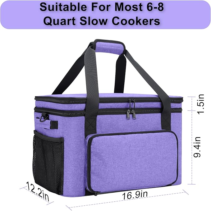 Slow Cooker Carrying Bag, Double Layer Insulated Design Slow Cooker Carrier with Removable Hard Liner and Pot Lid Fastener Fit for 6-8 Quart Crock Pot, Purple