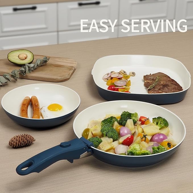 23pcs Ceramic Pots and Pans Set, Nonstick Detachable Handle Cookware, Induction Kitchen Cooking Set with Removable Handle,include Frying Pans & Saucepans Oven Safe(Blue)