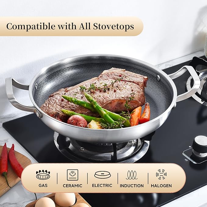 Inqibee 12-Inch Hybrid Tri-Ply Stainless Steel Non Stick Paella Pan with Lid,Stir Fry Pan,Omelet Pan,Large Skillet,Induction Cooking Pan,Dishwasher and Oven Safe.