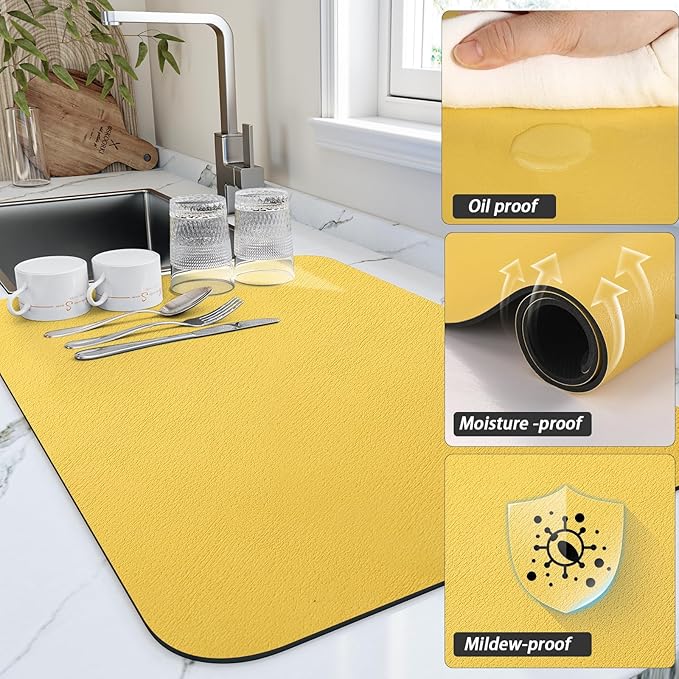 Dish Drying Mat for Kitchen Counter, Heat Resistant Drainer Mats with Non-slip Rubber Backed, Hide Stain Kitchen Super Absorbent Draining Mat, Easy to Clean Dish Rack Pad, Yellow 16"x18"