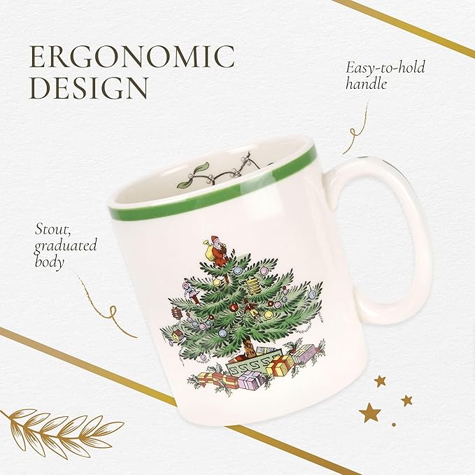 Spode Christmas Tree Mug Set of 4-9oz Ceramic - Microwave, Oven, Freezer & Dishwasher Safe - Festive Holiday Coffee Tea Cup for Hot Cocoa, Mulled Wine, Drinkware