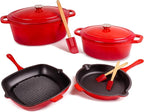 BergHOFF 9Pc Neo Cast Iron Cookware Set, Silicone Heat Spatulas, Matching Lid,Oven Safe Up To 400°F, Red