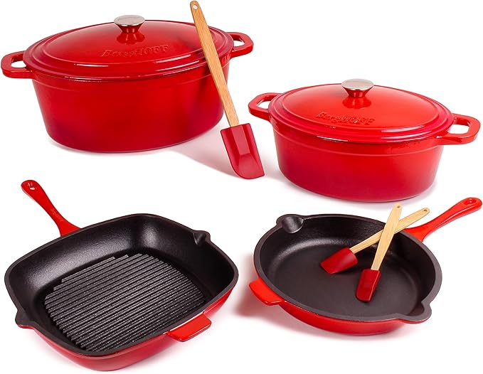 BergHOFF 9Pc Neo Cast Iron Cookware Set, Silicone Heat Spatulas, Matching Lid,Oven Safe Up To 400°F, Red