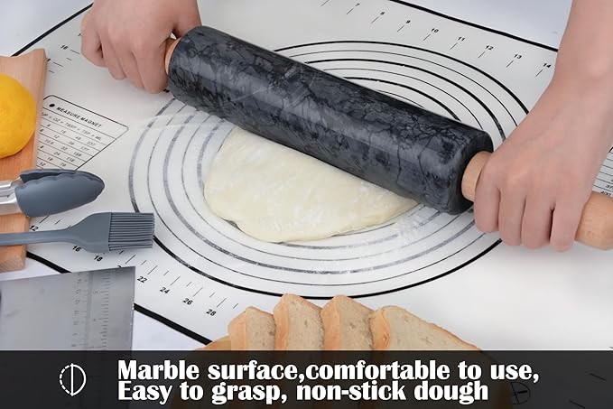 Marble Rolling Pin Set with Silicone Pastry Mat,Pastry Brush,Cooking Tongs,Stainless Steel Scraper18.5 inch Polished Non-Stick Roller for Pizza Dough,Fondant,Pie Crust(Gray Black)
