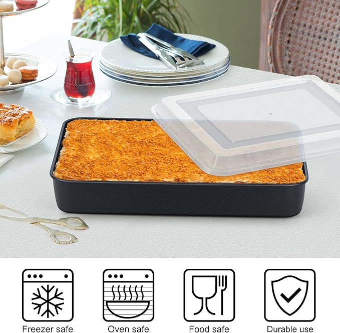 E-far Baking Pan with Lid, 9.75 x 12.5 x 2 Inch Nonstick Rectangle Cake Pans with Covers, 2 Sheet Pans Bakeware and 2 Lids for Brownies Cakes, Non-toxic & Stainless Steel Core, 2 Inch Deep