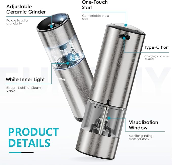 EUHOMY 2 Pack Electric Salt and Pepper Grinder Set USB Rechargeable with LED Light and Base，Adjustable Coarseness, Stainless Steel Automatic Salt Pepper Mill Grinder, One Handed Operation, Kitchen