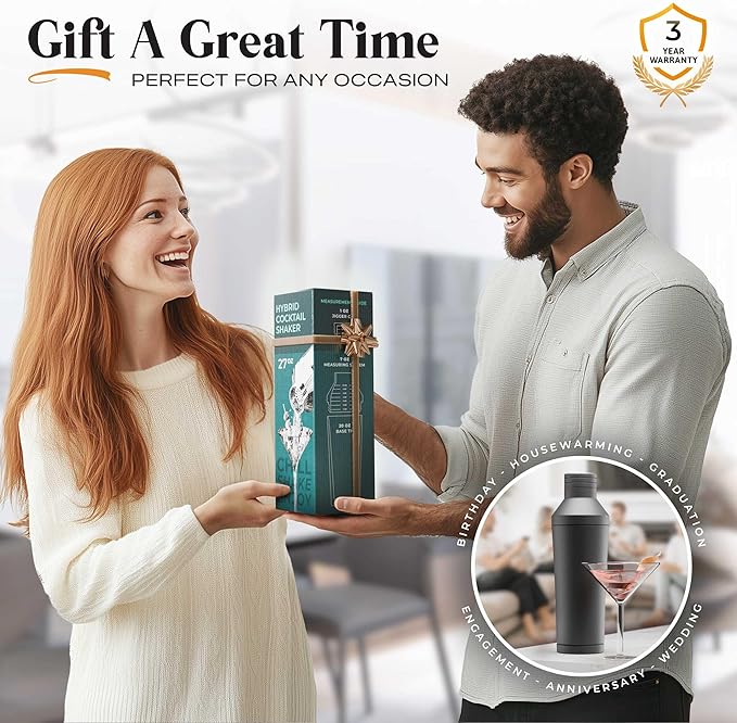 Insulated Cocktail Shaker Set | Double Wall Stainless Steel | Martini Shaker for Home Bar Bartending | Built-in Drink Measurement System & Strainer, Travel Bag, 35 Recipes | Gift Set (Matt Black)