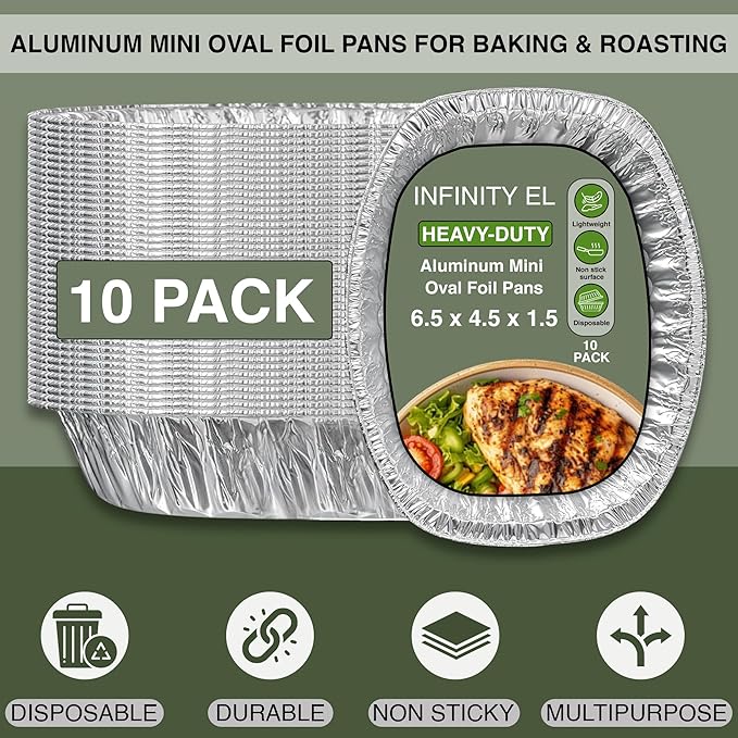 INFINITY EL Disposable Mini Oval Aluminum Pans 10 Pack | Deep Disposable Baking Pan | Heavy Duty Oval Aluminum Roasting pan for Chafing, Turkey, Lasagna, Thanksgiving, Christmas, Parties & Meal Prep