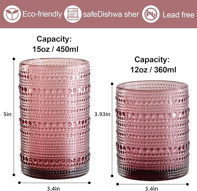 Vintage Glassware Drinking Glasses Set of 12,Purple 12oz & 15oz Hobnail Glass Cups,Embossed Water Tumbler,for Beer,Cocktail,Whiskey,Juice and Various Mixed Drinks- 1 Cleaning Brush