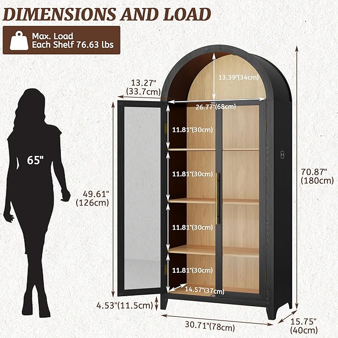 Arch Storage Cabinet with Tempered Glass Door, 71” Arched Display Floor Cabinet, 5 Tier Farmhouse Buffet with Storage for Dining Room, Living Room, Home Office or Kitchen(Black&Oak)