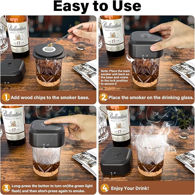 Gezen Electric Whiskey Smoker Kit with 6 Flavors Wood Chips, Rechargeable Cocktail Smoker Kit Built-in Lighter, Instant Smoke for Bourbon, Drinks and Food, Christmas Birthday Gifts for Men Dad Husband