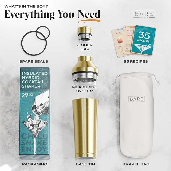 Insulated Cocktail Shaker Set | Double Wall Stainless Steel | Martini Shaker for Home Bar Bartending | Built-in Drink Measurement System & Strainer, Travel Bag, 35 Recipes | Gift Set (Gold)